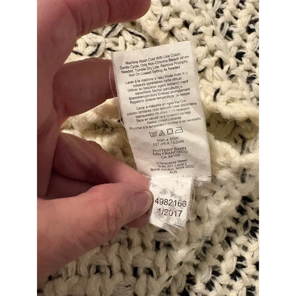 Pottery Barn Chunky Knit Throw Blanket Cream Black Marled Tassel 50x60 4982166